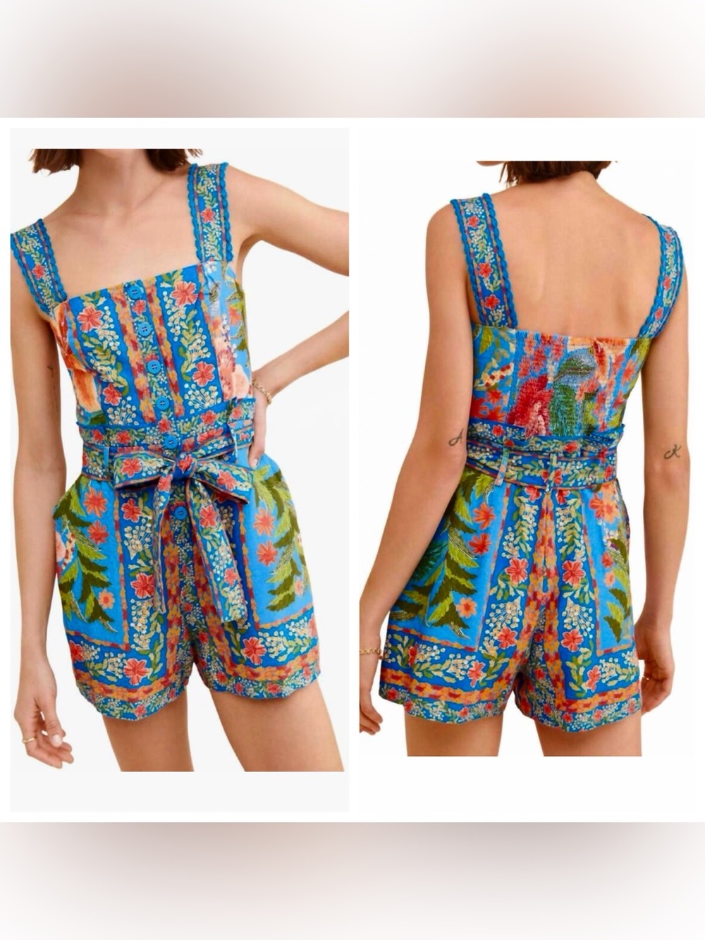 Farm Rio Stitched Garden Blue Romper Floral linen blend small
